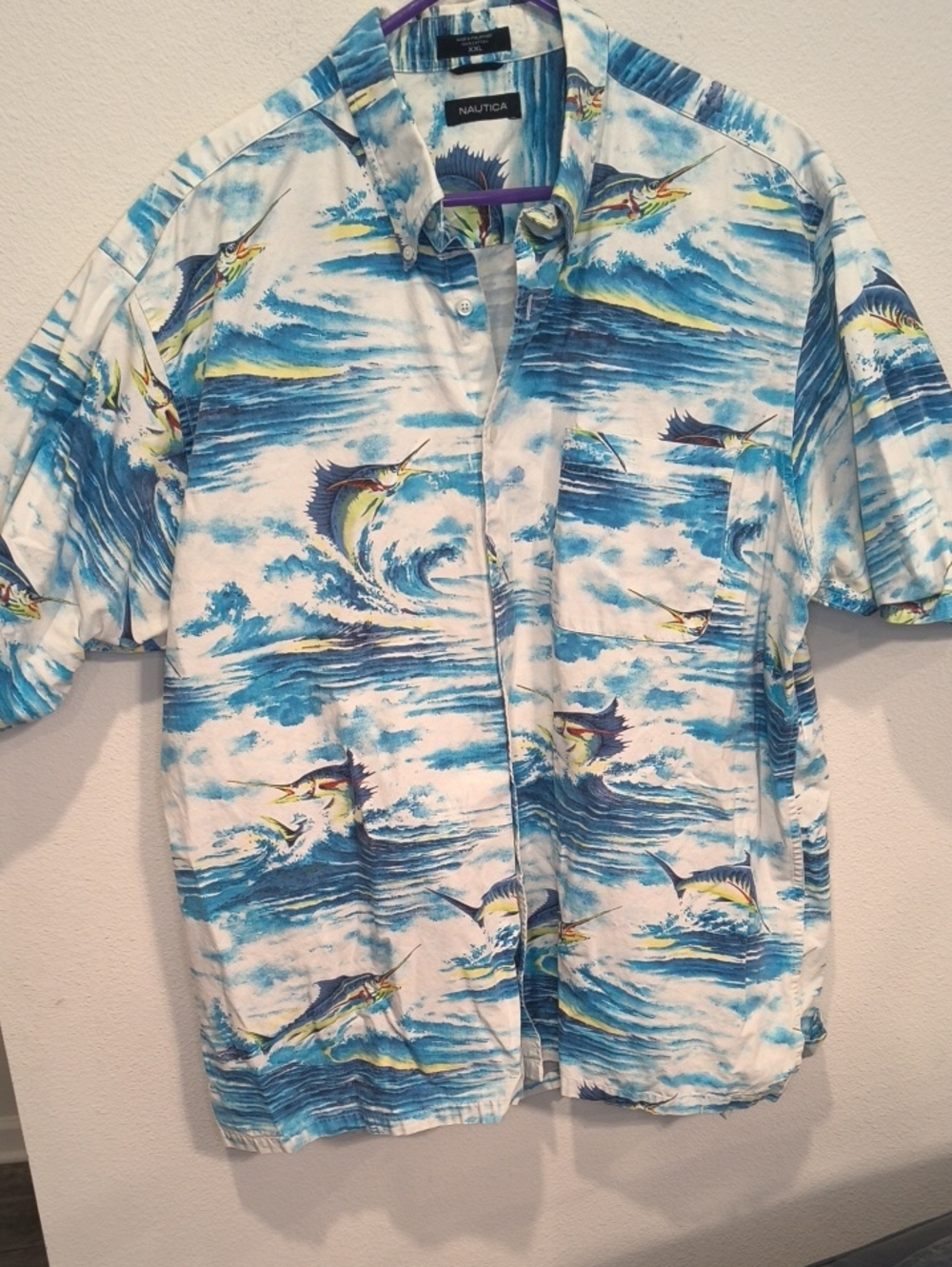 Nautica Blue, White and Yellow Marlin Wave Short-Sleeve Button-Up Shirt 2XL
